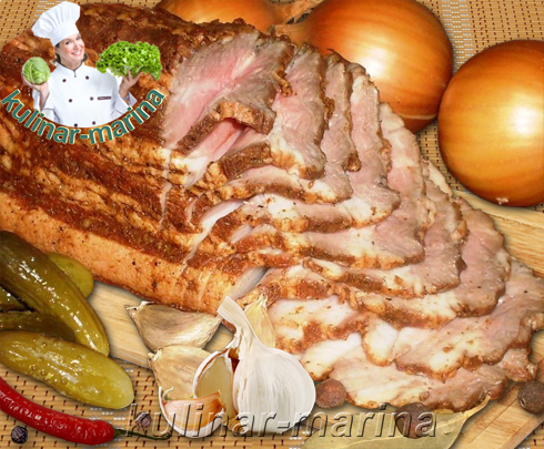 Свиная прослойка (подчеревина) в отваре луковой шелухи | Pork interlayer in broth onion skins